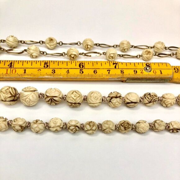 Vintage Cabbage Rose Bone Boho Necklace Set (2) Silk Knotted - Picture 5 of 11
